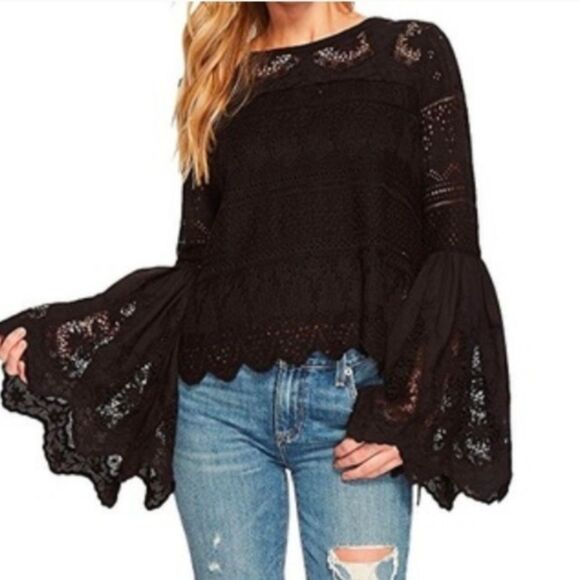 Free People Tops - Free People Black Lace Blouse with Flared Sleeves